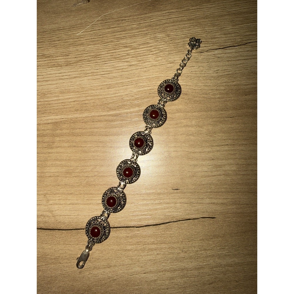 Sterling Silver Byzantine Turkish Round Medallion Panel Bracelet Red Stone 925